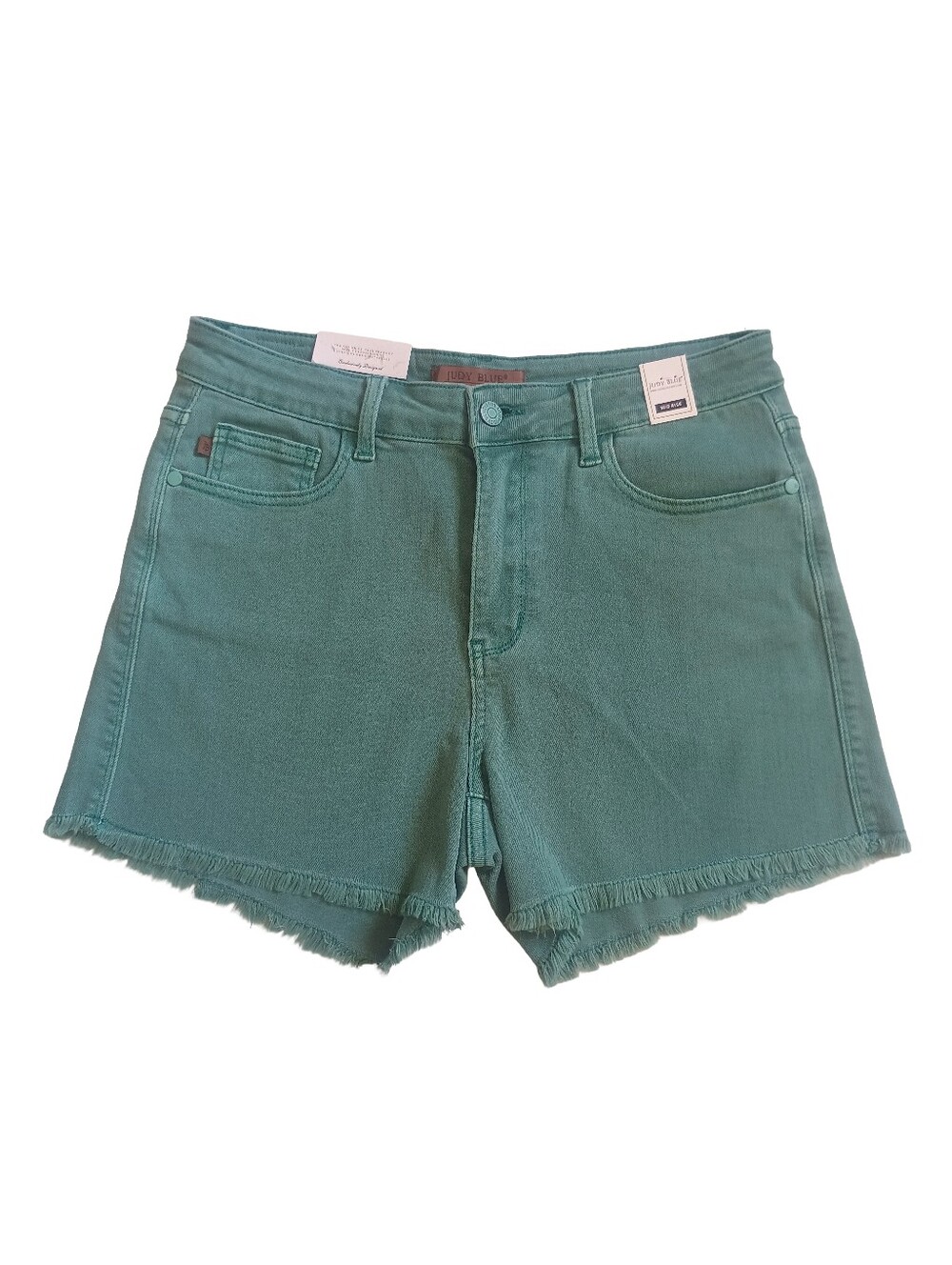 NWT Judy Blue Teal Green Mid Rise Frayed Hem Denim Women's Shorts Size: L